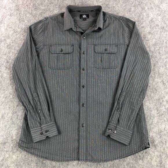 Rock & Republic Men Button Up Shirt Large Gray Striped Long Sleeve Metal Buttons - Picture 3 of 12
